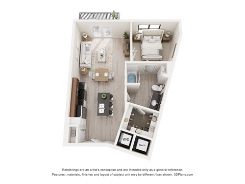 Floor plan for 1 bed, 1 bath, 770 sqft